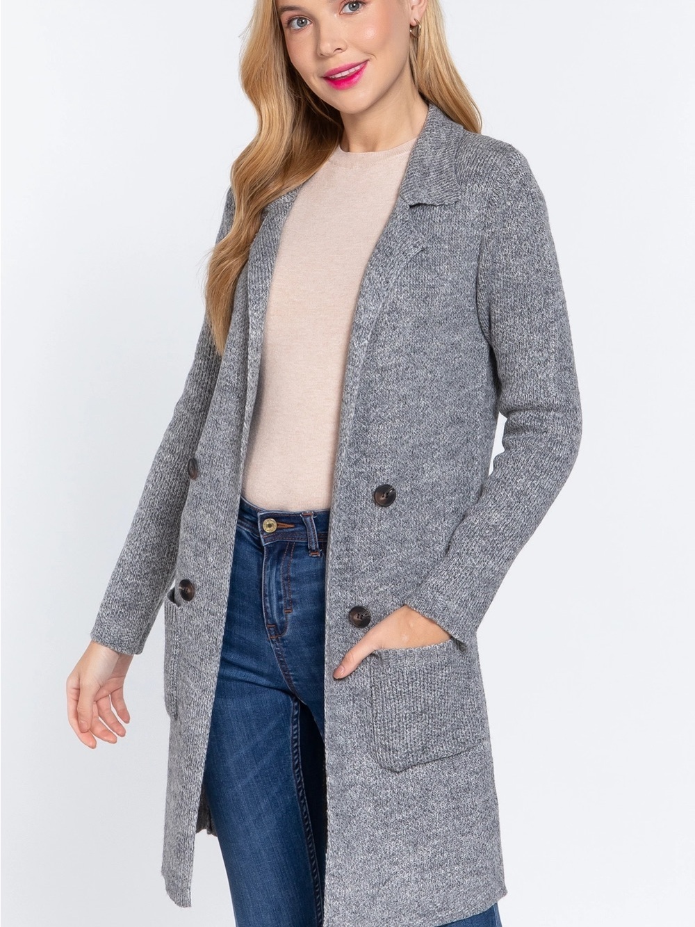 Active USA Double-Breasted Gray Knit Cardigan Coatigan - Picture 9 of 10